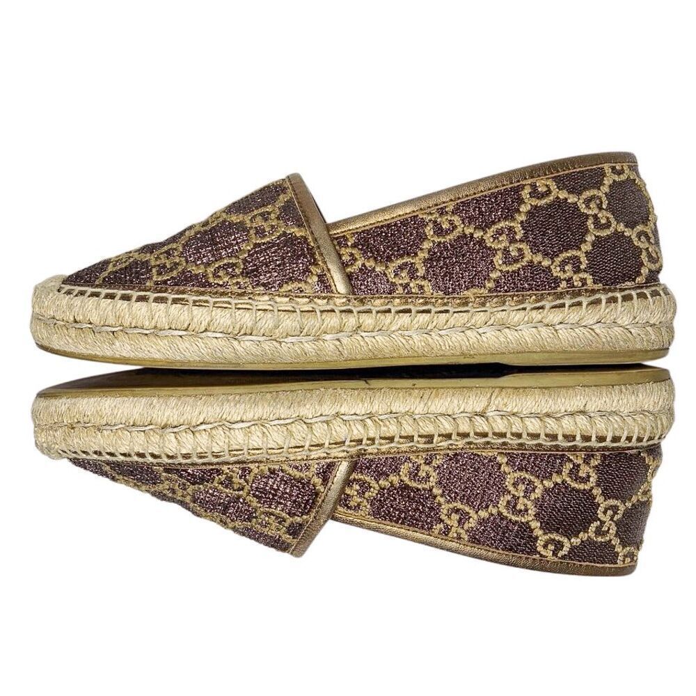 Gucci GG Logo Lamé Canvas Espadrilles Brown Bronze Metallic Logo Flats 37.5 - Picture 5 of 10